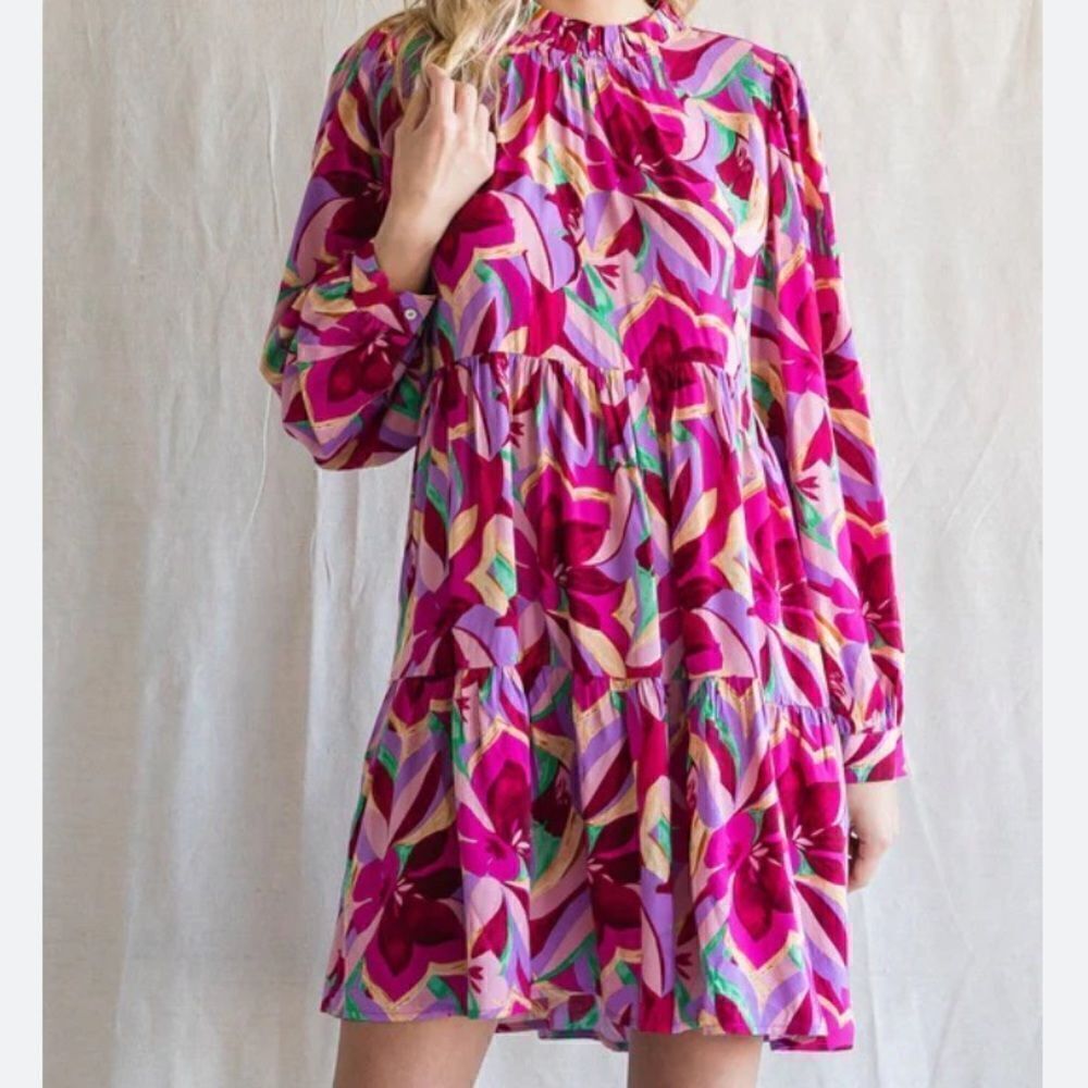 Jodifl Magenta Floral Ruffle Mock Neck Mini Dress in Size Small